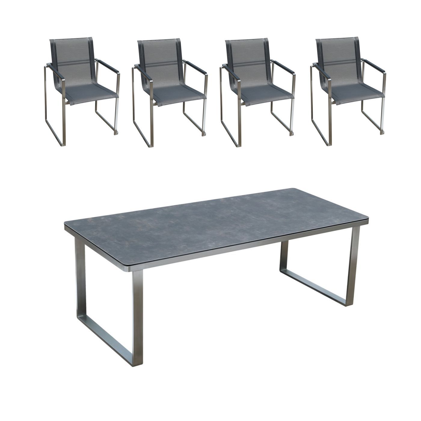 Set di mobili da giardino: 4 sedie e 1 tavolo in acciaio inox e piano in vetroceramica