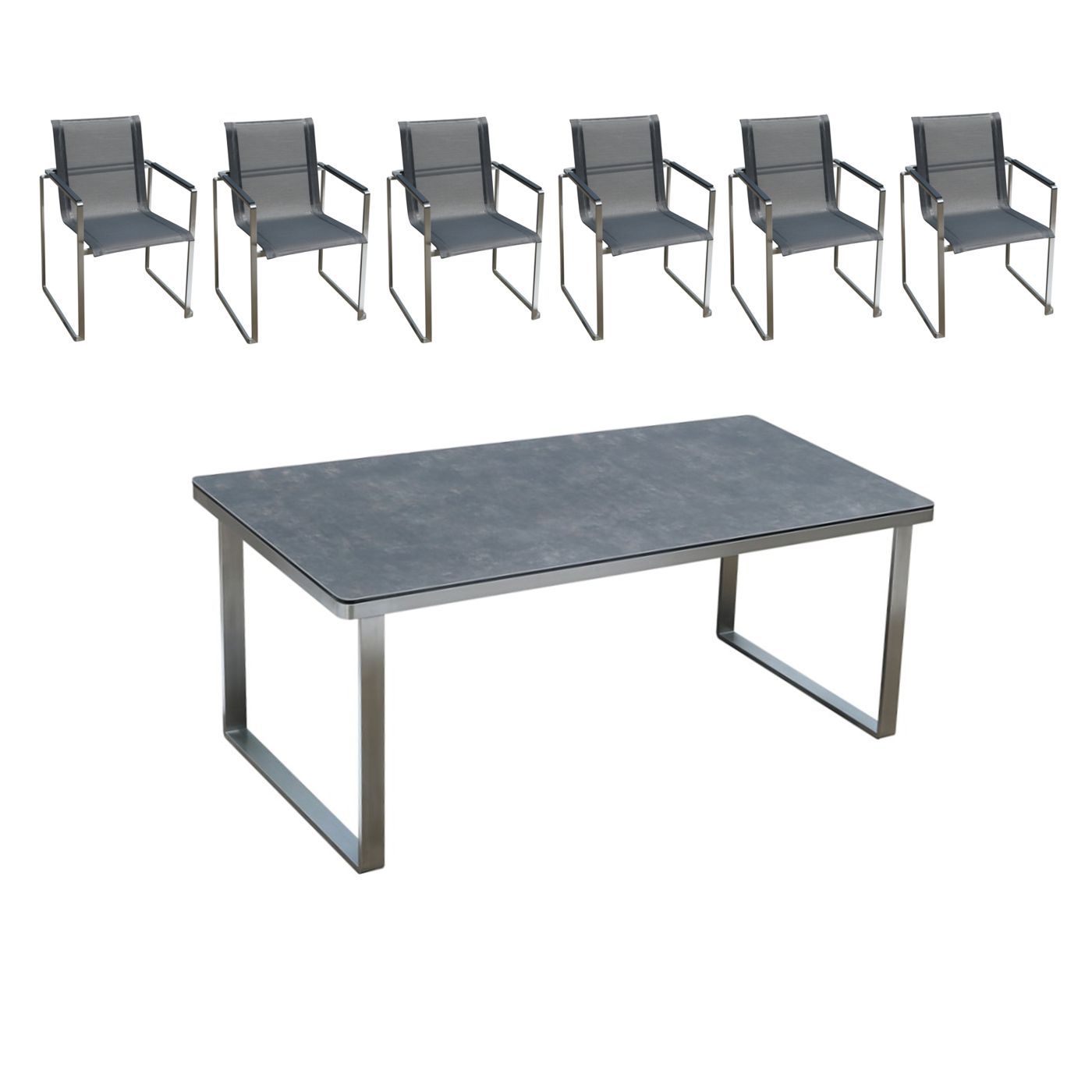 Tuinmeubelset: 6 stoelen en 1 tafel in roestvrij staal en glaskeramiek tafelblad