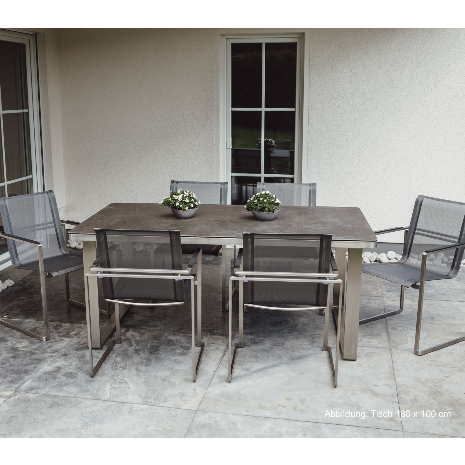 Ensemble de meubles de jardin : 6 chaises et 1 table en acier inoxydable et plateau de table en vitrocéramique