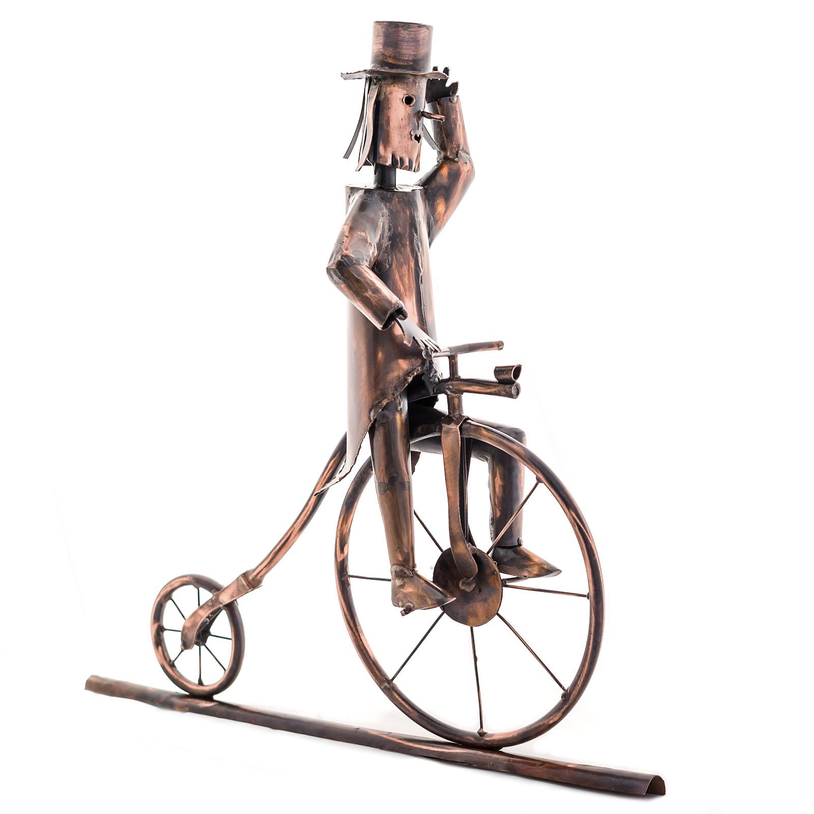 Figura in rame per la grondaia, cavaliere del penny-farthing, bicicletta storica