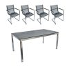 Gartenmöbel Set: 4 Schwingstühle und 1 Tisch aus Edelstahl und Glaskeramik Tischplatte, eckiges Design
