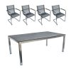 Ensemble de meubles de jardin : 4 chaises pivotantes et 1 table en acier inoxydable et plateau de table en vitrocéramique, design anguleux