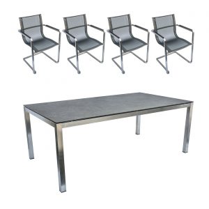 Gartenmöbel Set: 4 Schwingstühle und 1 Tisch aus Edelstahl und Glaskeramik Tischplatte, eckiges Design