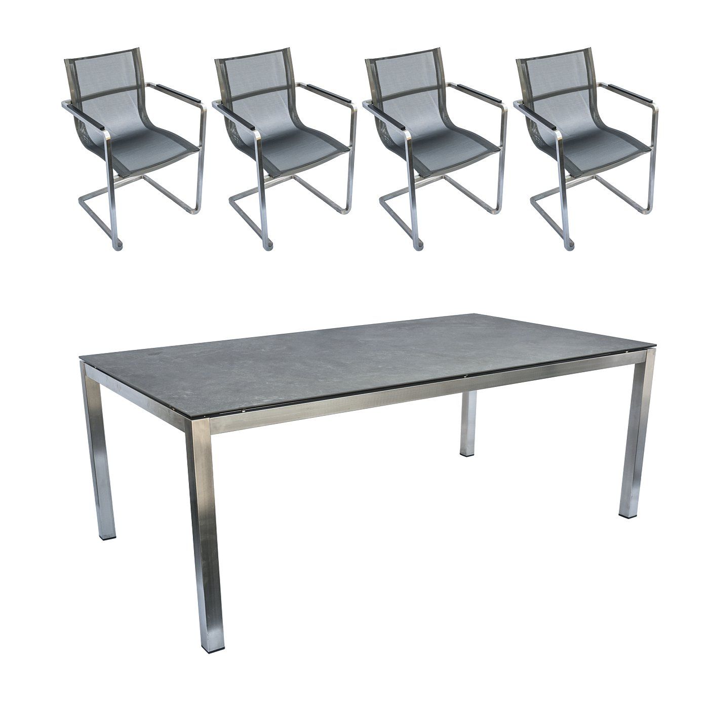 Tuinmeubelset: 4 schommelstoelen en 1 tafel van roestvrij staal en tafelblad van glaskeramiek, hoekig ontwerp