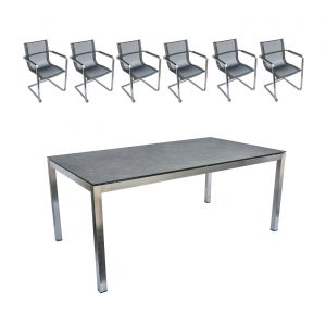 Gartenmöbel Set: 6 Stühle und 1 Tisch aus Edelstahl und Glaskeramik Tischplatte, eckiges Design